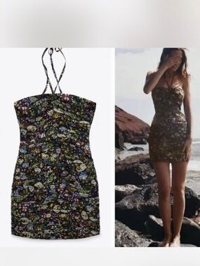 Zara Floral Strapless Mini Dress - Black Multicolor size small